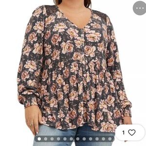 NWT Torrid Babydoll Top Womens Black Pink Floral Knit Button Lace Peasant